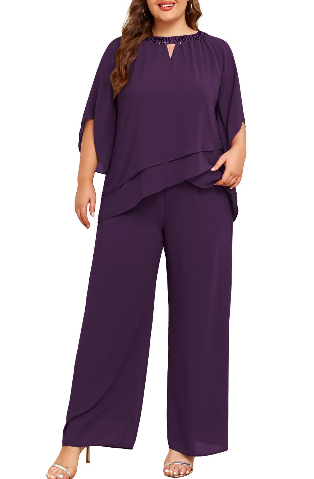 Hanna Nikole Mother of Bride Pant Suits Plus Size Half Sleeve 2 Piece Chiffon Pantsuit Formal Wedding Guest Outfit