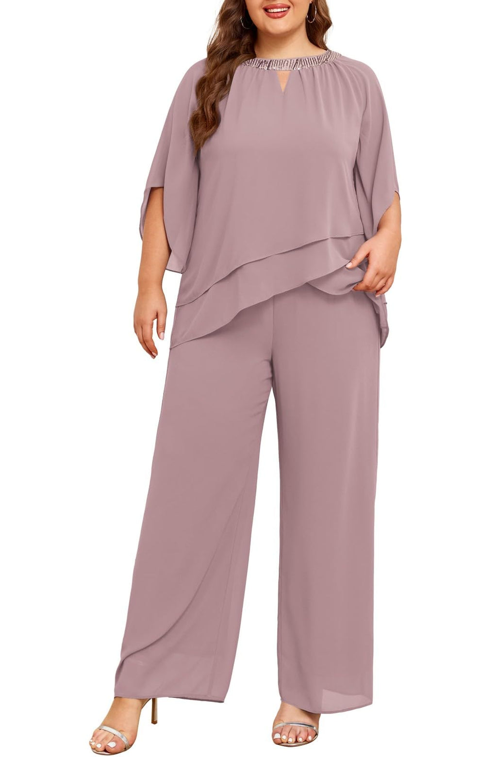 Hanna Nikole Mother of Bride Pant Suits Plus Size Half Sleeve 2 Piece Chiffon Pantsuit Formal Wedding Guest Outfit