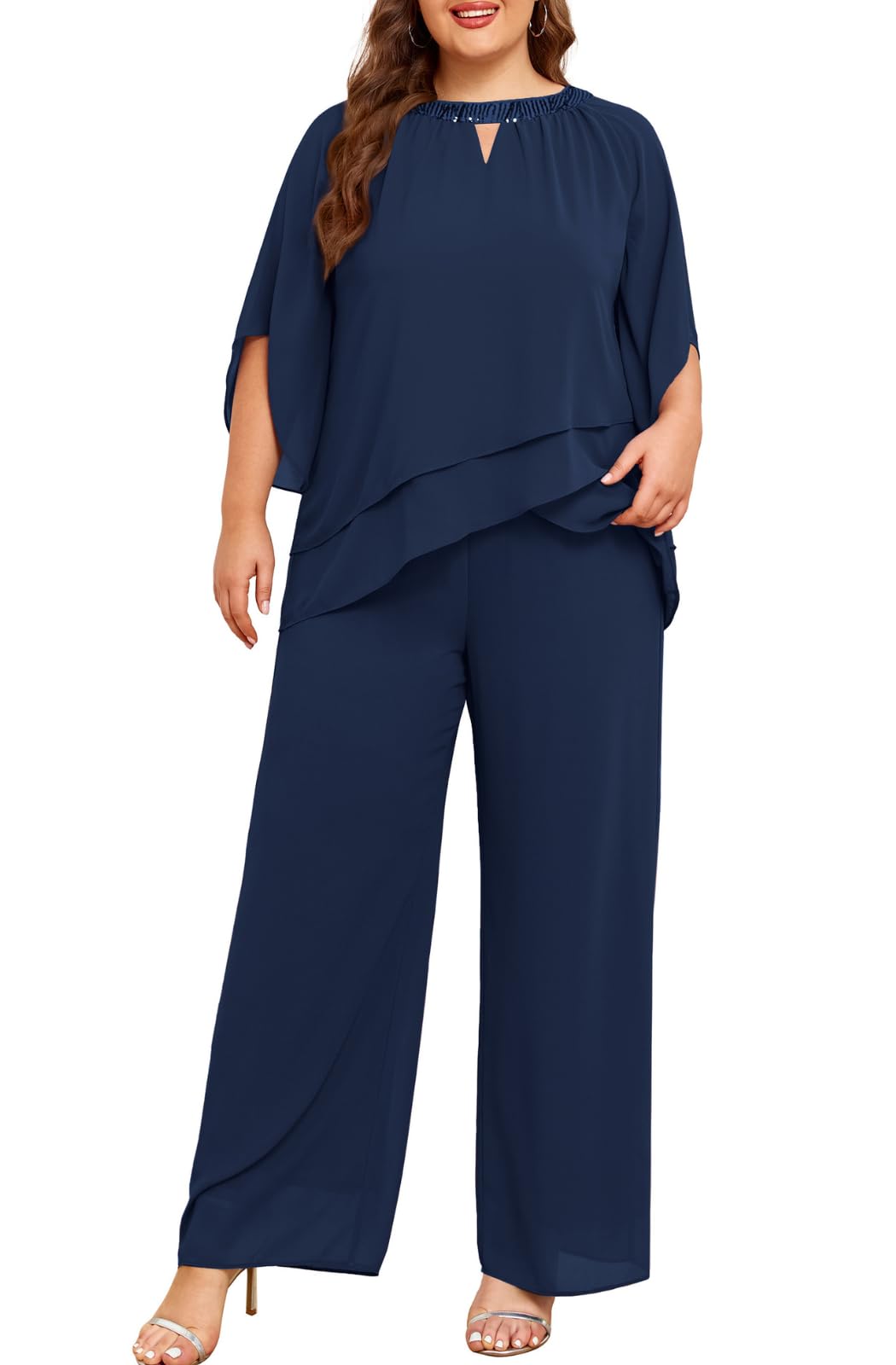 Hanna Nikole Mother of Bride Pant Suits Plus Size Half Sleeve 2 Piece Chiffon Pantsuit Formal Wedding Guest Outfit