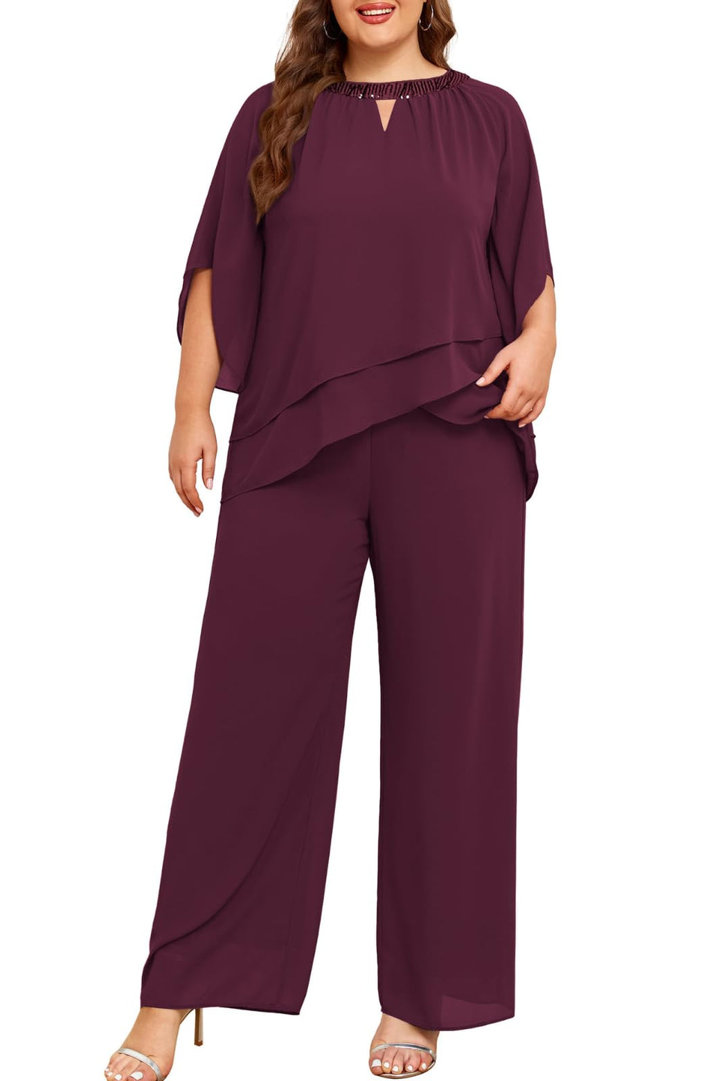 Hanna Nikole Mother of Bride Pant Suits Plus Size Half Sleeve 2 Piece Chiffon Pantsuit Formal Wedding Guest Outfit