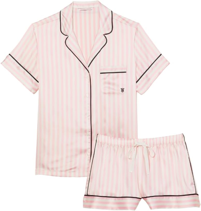 Victoria's Secret Women's Satin Pajama Set, Short Sleeve Button Down Shirt & Shorts