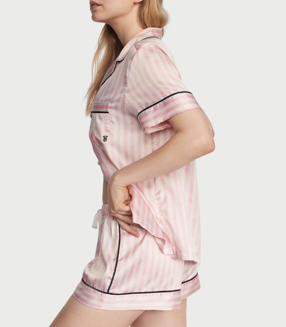 Victoria's Secret Women's Satin Pajama Set, Short Sleeve Button Down Shirt & Shorts