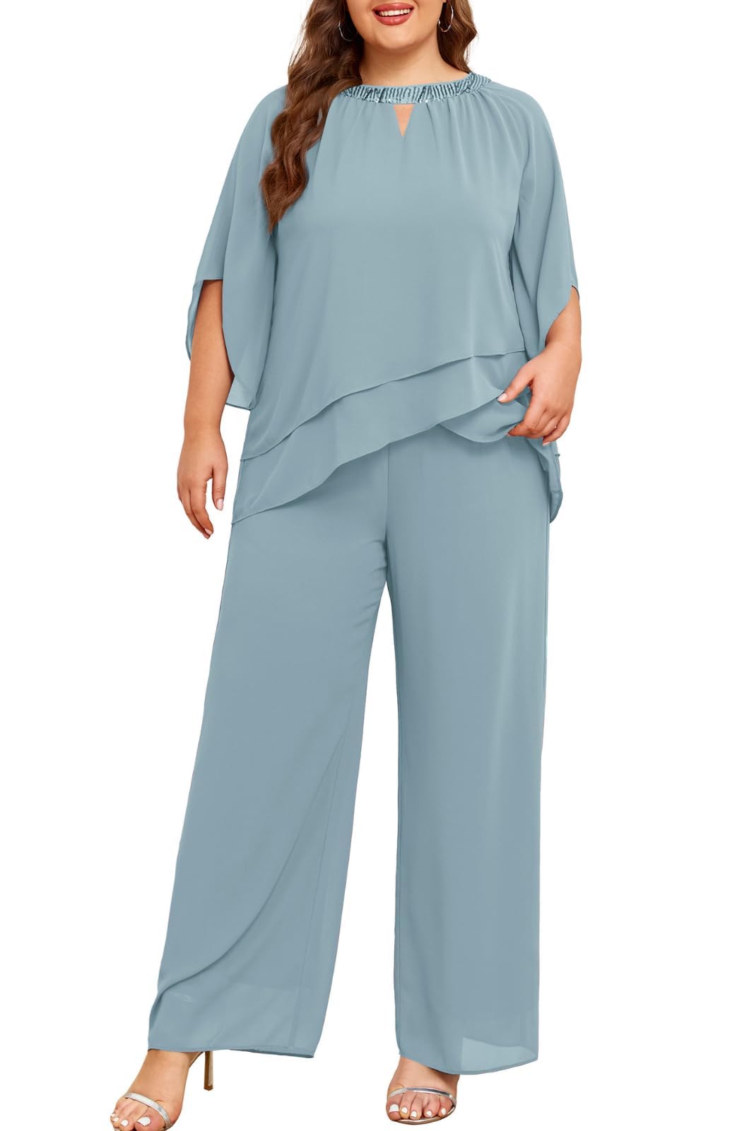 Hanna Nikole Mother of Bride Pant Suits Plus Size Half Sleeve 2 Piece Chiffon Pantsuit Formal Wedding Guest Outfit