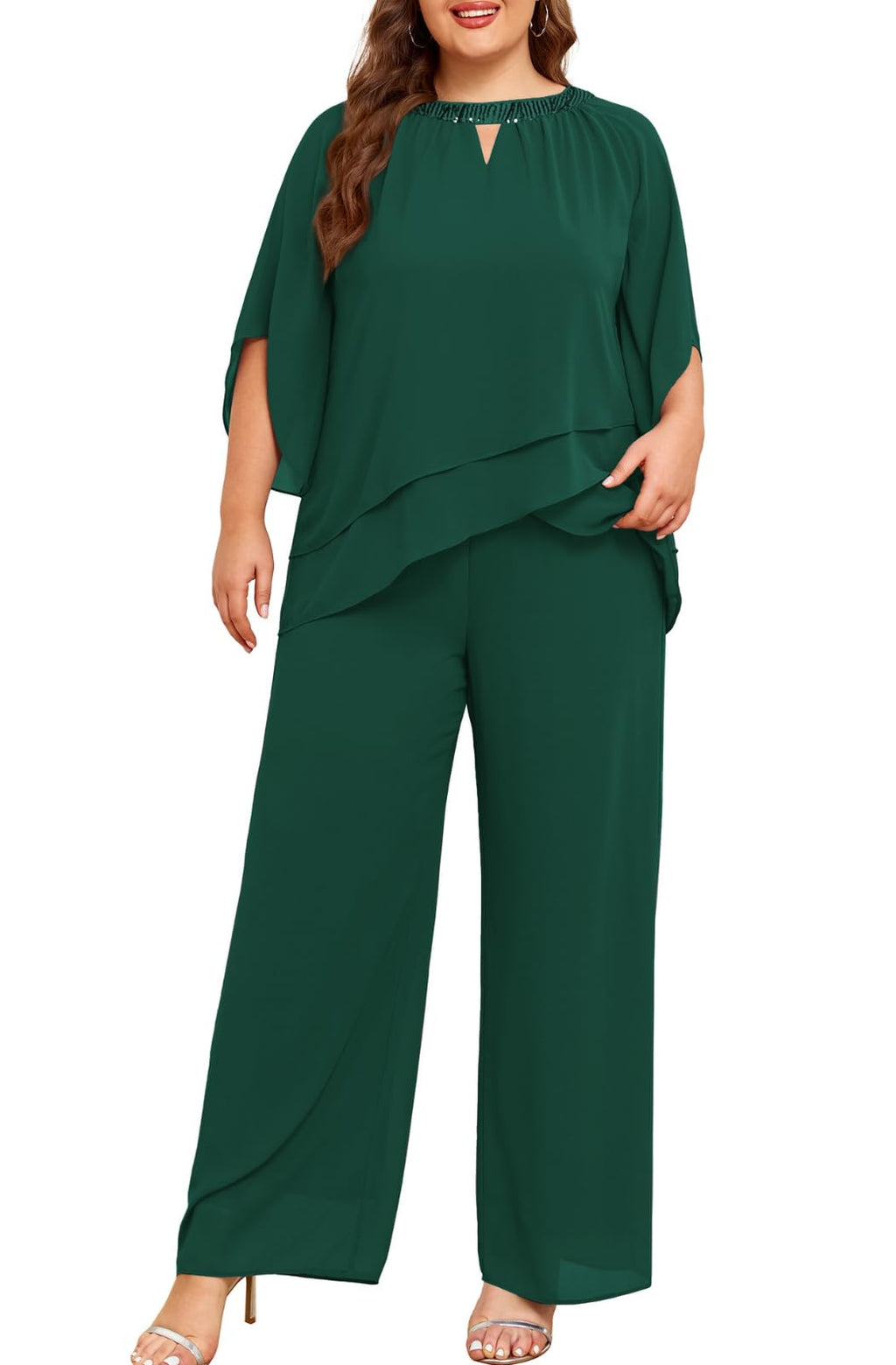 Hanna Nikole Mother of Bride Pant Suits Plus Size Half Sleeve 2 Piece Chiffon Pantsuit Formal Wedding Guest Outfit