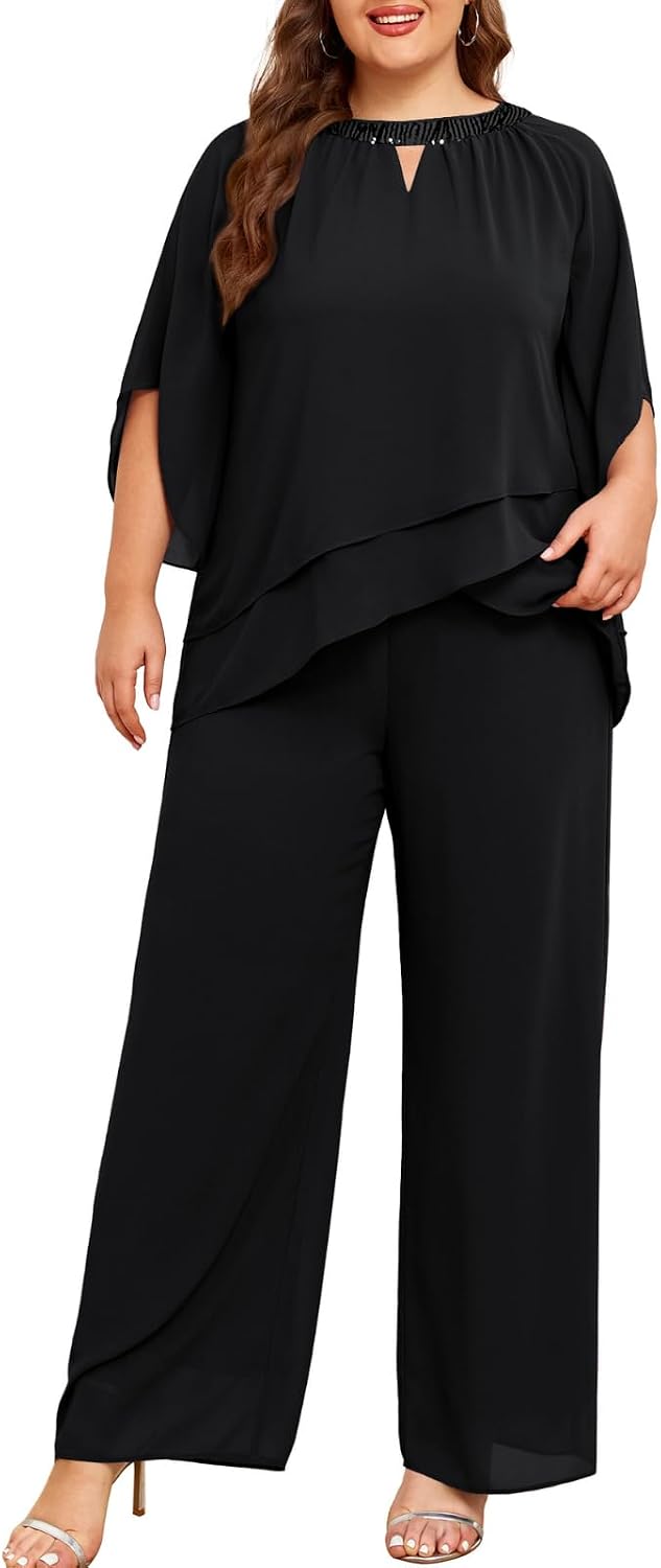 Hanna Nikole Mother of Bride Pant Suits Plus Size Half Sleeve 2 Piece Chiffon Pantsuit Formal Wedding Guest Outfit
