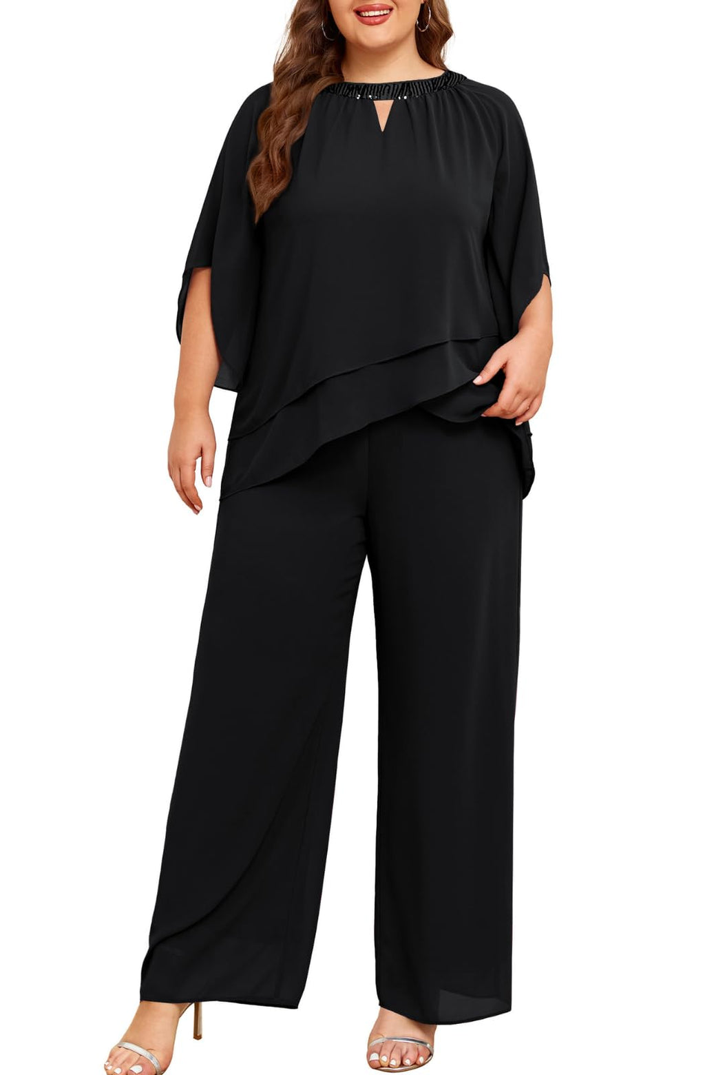 Hanna Nikole Mother of Bride Pant Suits Plus Size Half Sleeve 2 Piece Chiffon Pantsuit Formal Wedding Guest Outfit