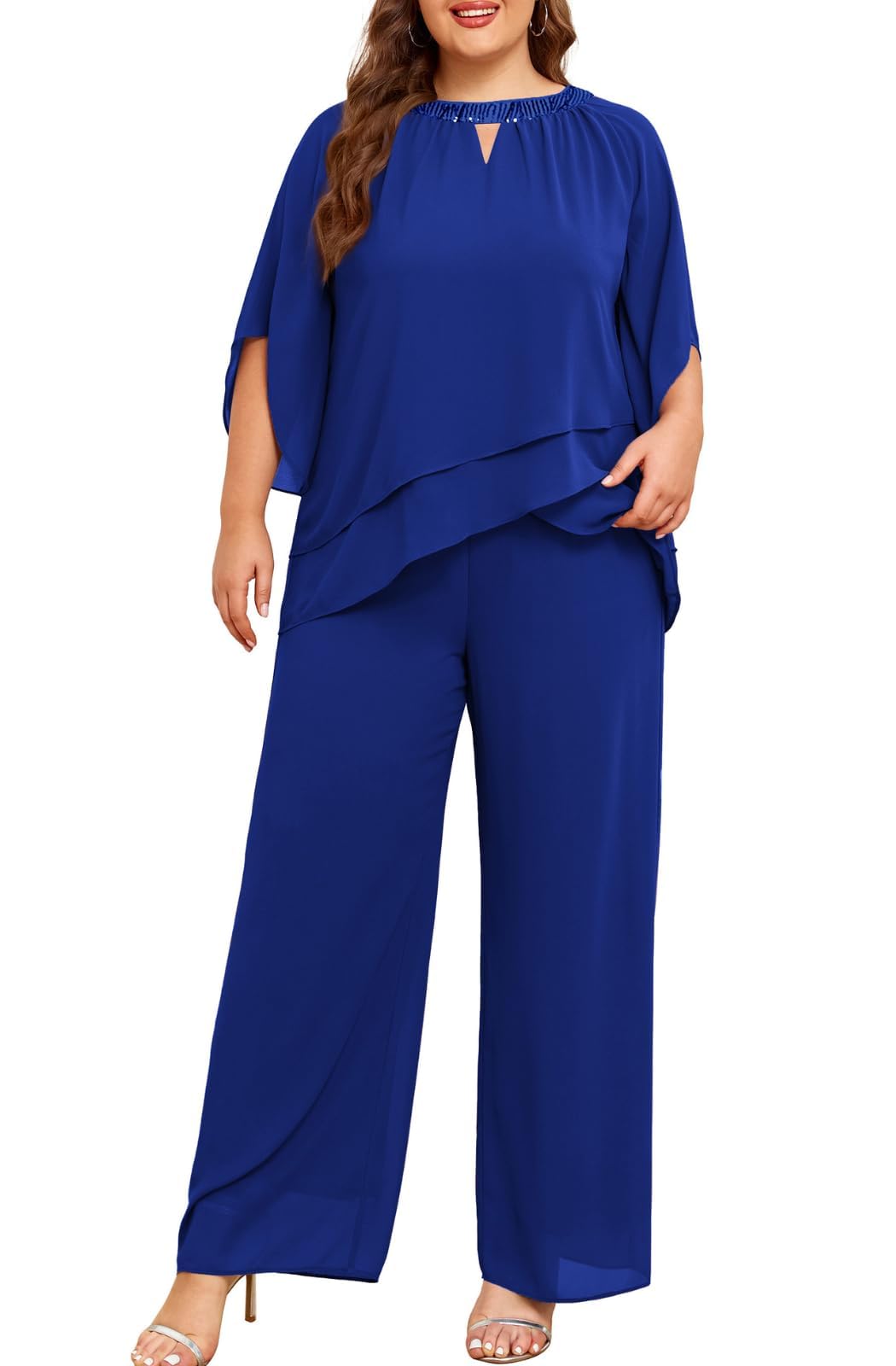 Hanna Nikole Mother of Bride Pant Suits Plus Size Half Sleeve 2 Piece Chiffon Pantsuit Formal Wedding Guest Outfit