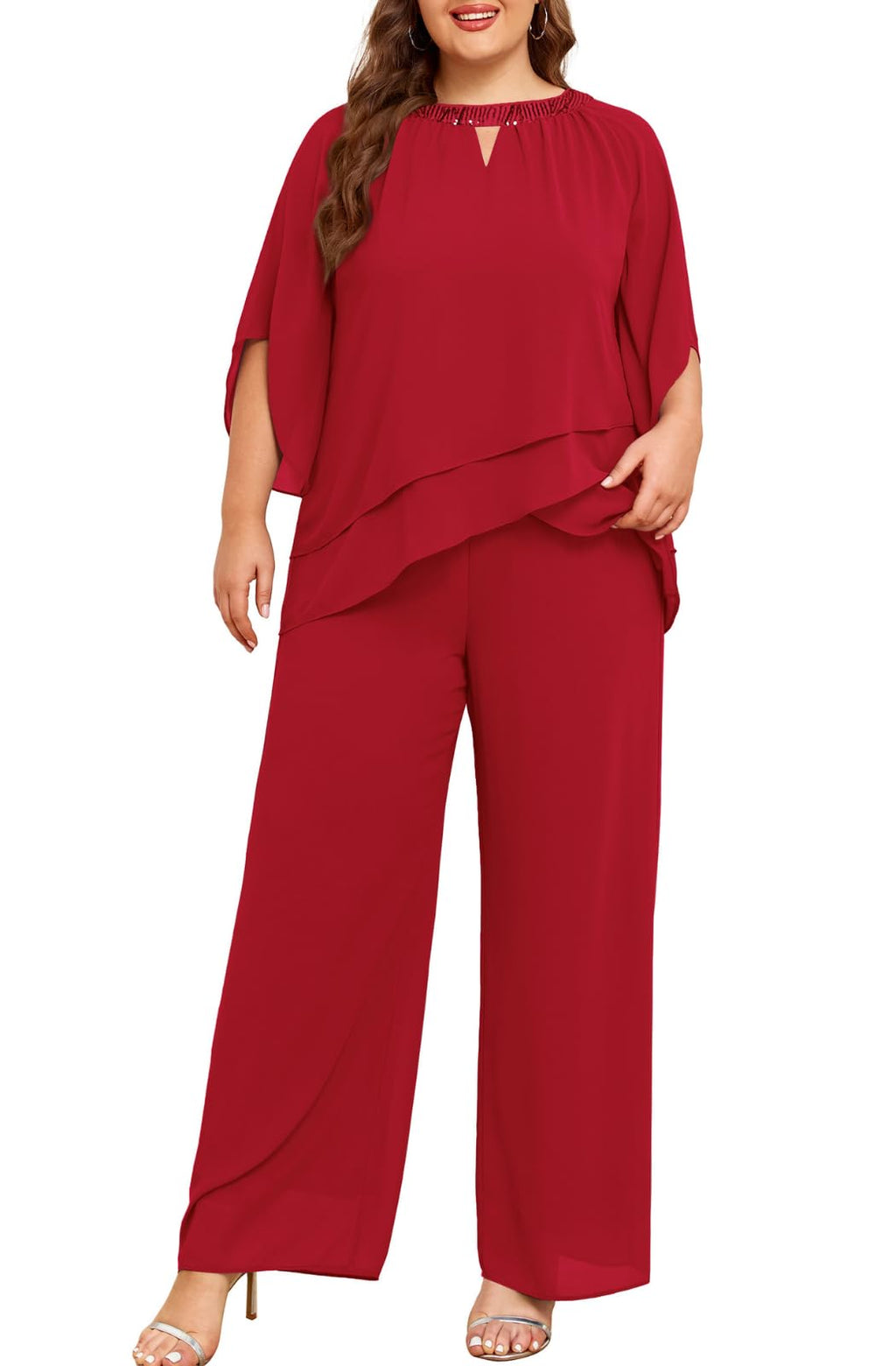 Hanna Nikole Mother of Bride Pant Suits Plus Size Half Sleeve 2 Piece Chiffon Pantsuit Formal Wedding Guest Outfit