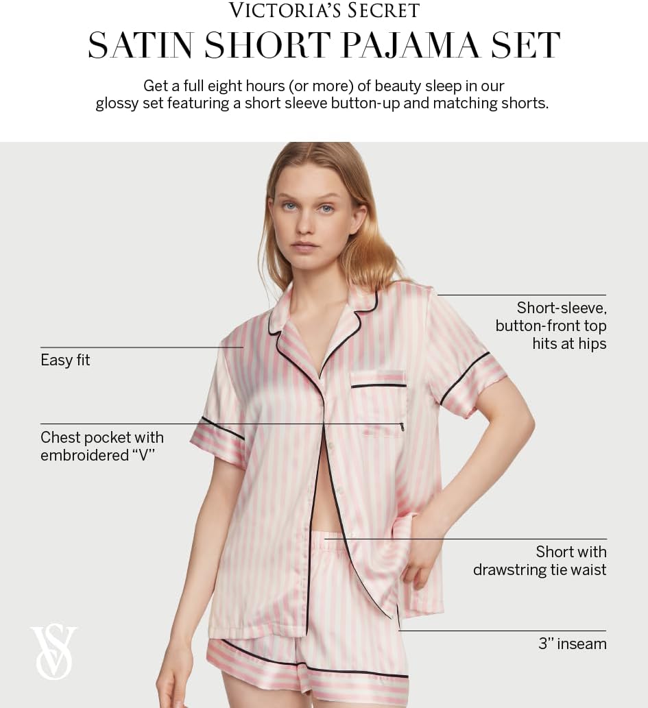 Victoria's Secret Women's Satin Pajama Set, Short Sleeve Button Down Shirt & Shorts