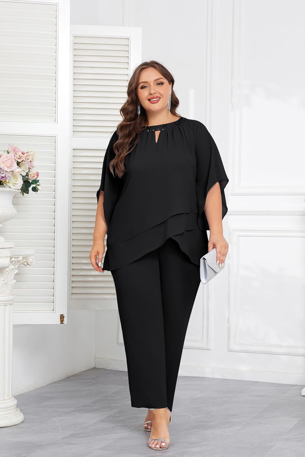 Hanna Nikole Mother of Bride Pant Suits Plus Size Half Sleeve 2 Piece Chiffon Pantsuit Formal Wedding Guest Outfit