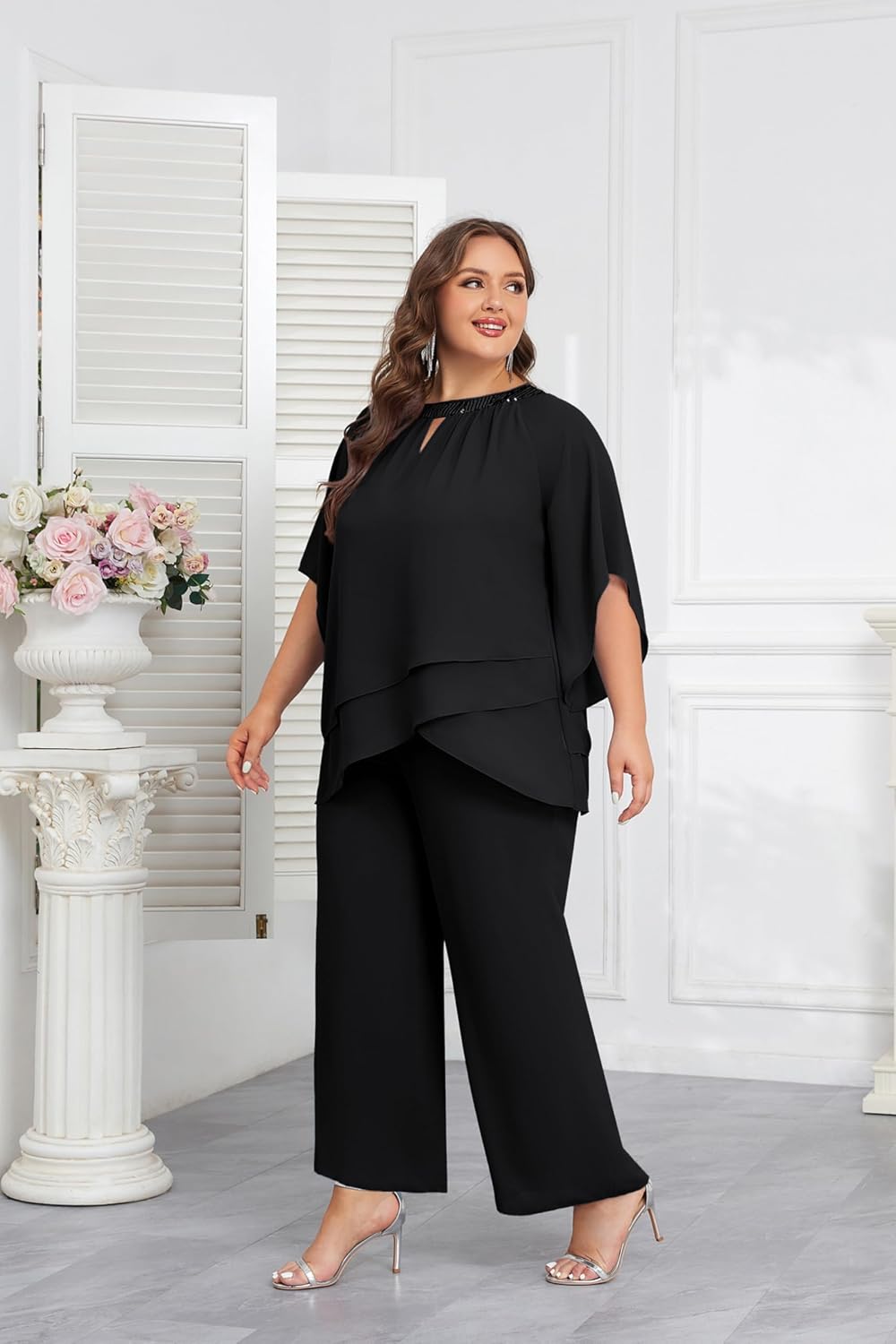 Hanna Nikole Mother of Bride Pant Suits Plus Size Half Sleeve 2 Piece Chiffon Pantsuit Formal Wedding Guest Outfit