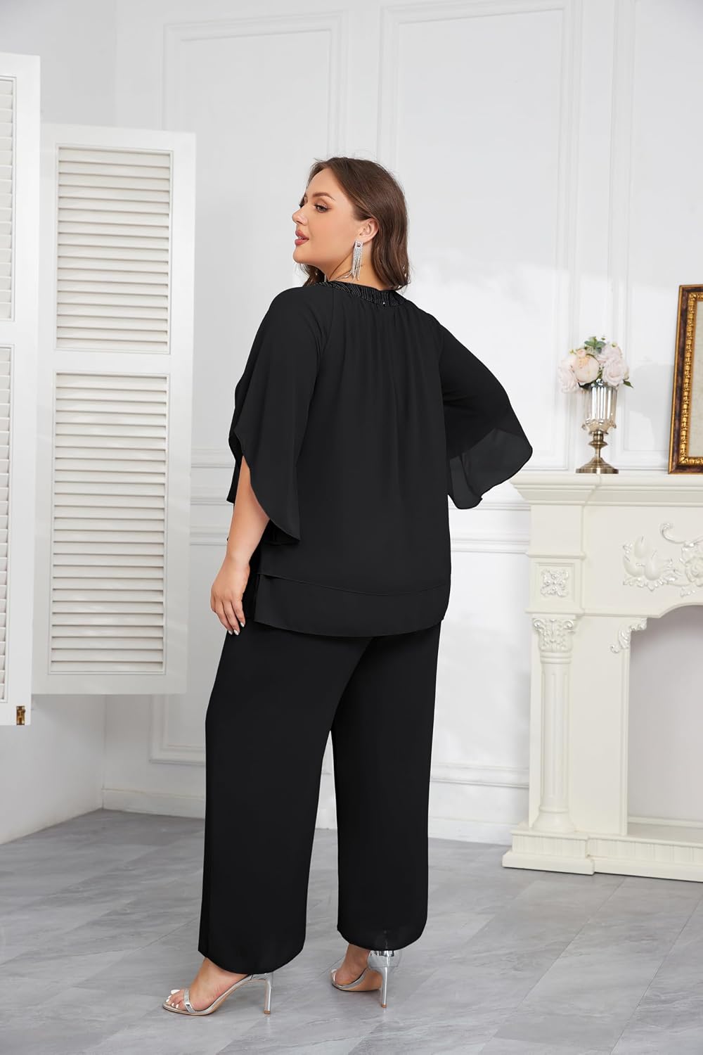 Hanna Nikole Mother of Bride Pant Suits Plus Size Half Sleeve 2 Piece Chiffon Pantsuit Formal Wedding Guest Outfit