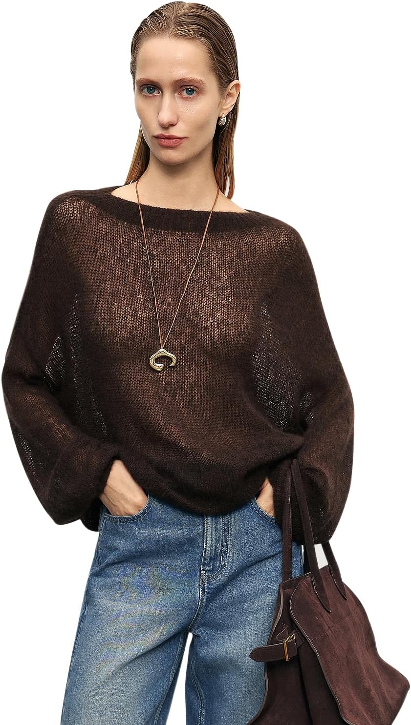 Silk Cashmere Blend Sweater for Women, Lightweight Crewneck Knit Pullover Jumper for Spring Layering