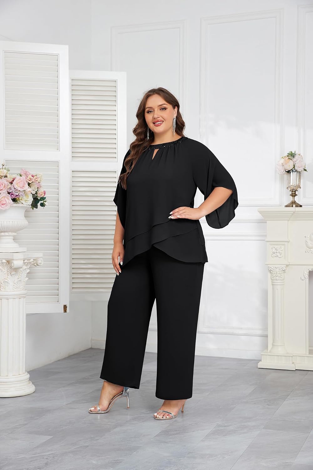 Hanna Nikole Mother of Bride Pant Suits Plus Size Half Sleeve 2 Piece Chiffon Pantsuit Formal Wedding Guest Outfit