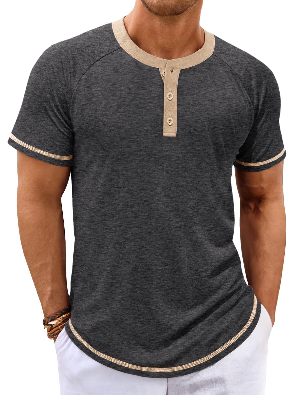 Makkrom Mens Henley Shirts Short Sleeve Casual Summer Basic T Shirts Button Vintage Lightweight Tee Tops